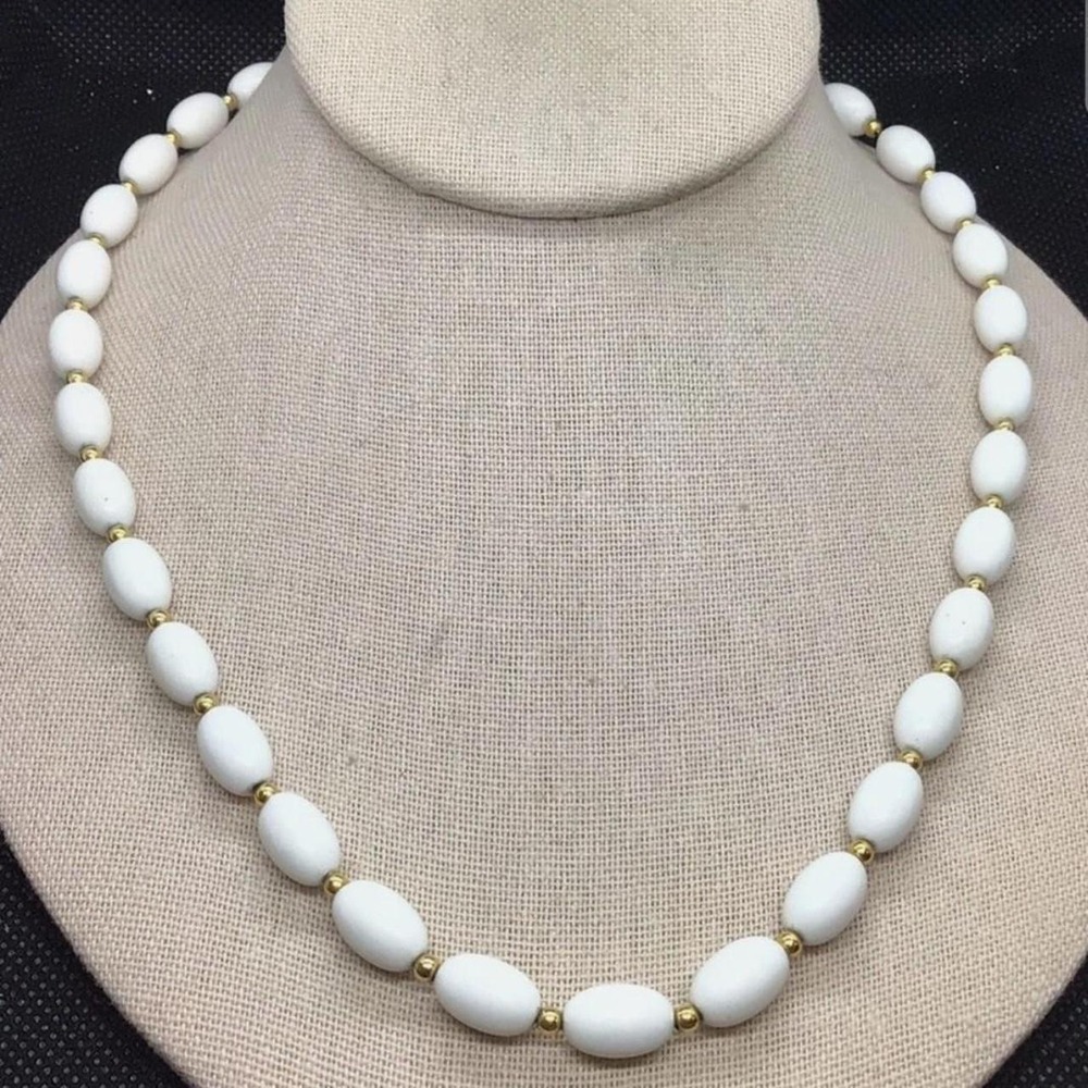 Vintage Monet White Bead Necklace Gold Tone Accents Coastal Grandma Jewelry